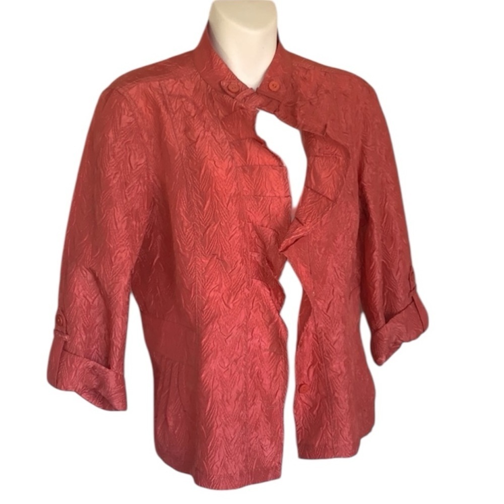 Chico's jacket women's, 8, terracotta NWT textured, ruffled front, 3/4 sleeve